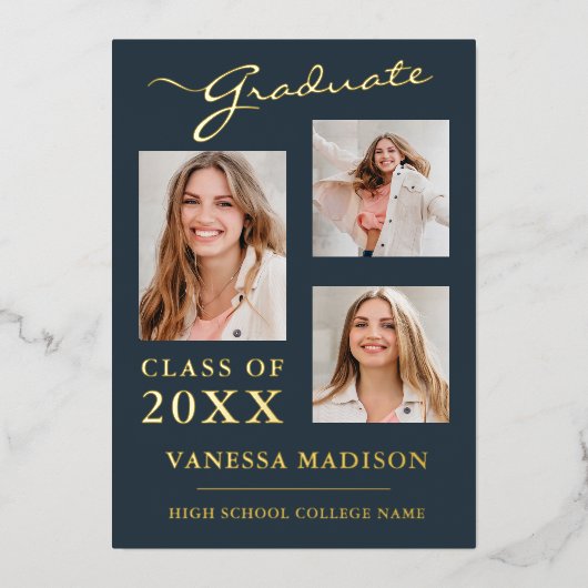 3 Foto Modernes Script Dusty Blue Grad Bekanntgabe Folieneinladung (Vorderseite)