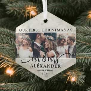 3 Foto Mr & Mrs 1. Weihnachten Faux Marmor Sechsec Ornament Aus Glas