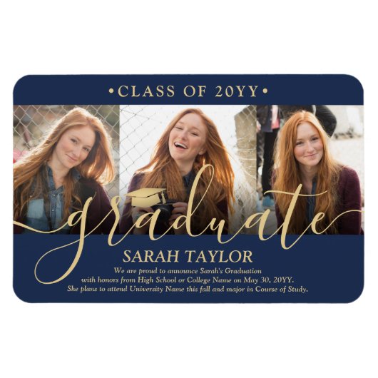 3 Foto Navy Blue and Gold Abschluss Ankündigung Magnet (Horizontal)