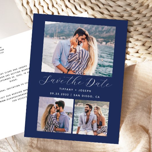 3 Foto Navy Blue Save the Date Postkarte