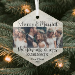 3 Foto Neuvermählte Merry & Verheiratete Imitate M Ornament Aus Glas<br><div class="desc">Feiern Sie einen fröhlichen 1. Urlaub als Neuvermählte mit einer maßgeschneiderten 3-Foto-Collage "Merry & Verheiratet" hexagonförmige Glasschmuck. Bilder und Texte auf dieser Vorlage sind einfach zu personalisieren. (IMAGE PLACEMENT TIP: Eine einfache Möglichkeit, ein Foto genau so zu zentrieren, wie Sie es gewollt haben, ist es, es einzuschneiden, bevor Sie es...</div>