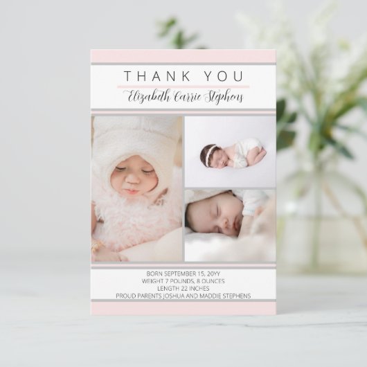 3 Foto Pink White Baby Dusche |Geburtsankündigung Dankeskarte (Stehend Vorderseite)