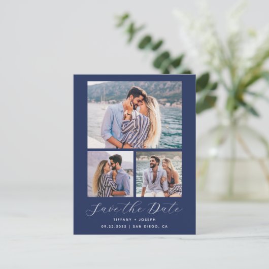 3 Foto QR Code Navy Blau Save the Date Postkarte (Stehend Vorderseite)