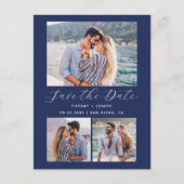 3 Foto QR Code Navy Blau Save the Date Postkarte (Vorderseite)