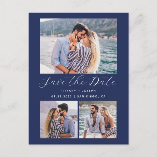 3 Foto QR Code Navy Blau Save the Date Postkarte (Vorderseite)