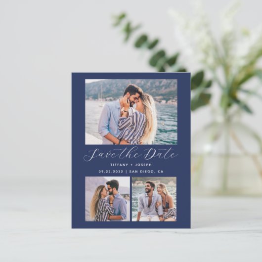 3 Foto QR Code Navy Blau Save the Date Postkarte (Stehend Vorderseite)