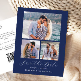 3 Foto QR Code Navy Blau Save the Date Postkarte