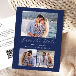 3 Foto QR Code Navy Blau Save the Date Postkarte