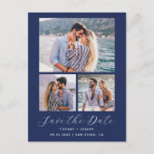 3-Foto-QR-Code Navyblau Save the Date Postkarte (Vorderseite)