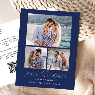 3-Foto-QR-Code Navyblau Save the Date Postkarte