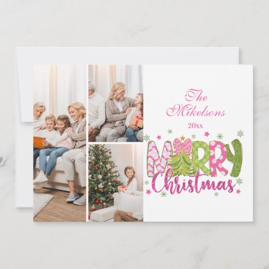 3 Foto Rosa grüner Bow Tree Frohe Weihnachten (Vorderseite)