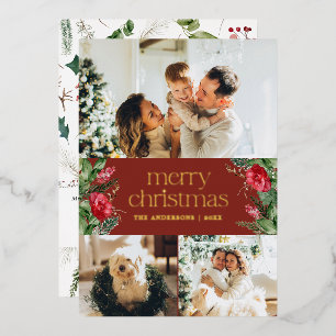 3 Foto Roter Botanischer Foliage Frohe Weihnachten Folien Feiertagskarte