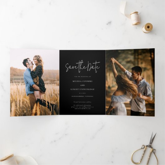 3 Foto Script Hochzeit speichern Dreifach Gefaltete Ankündigung (Innenseite)