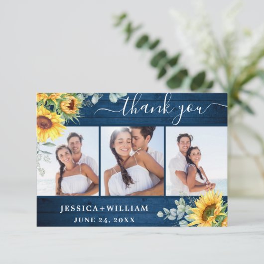 3 FOTO Sonnenblumen Eukalyptus Blaues Holz Rustika Dankeskarte (Stehend Vorderseite)