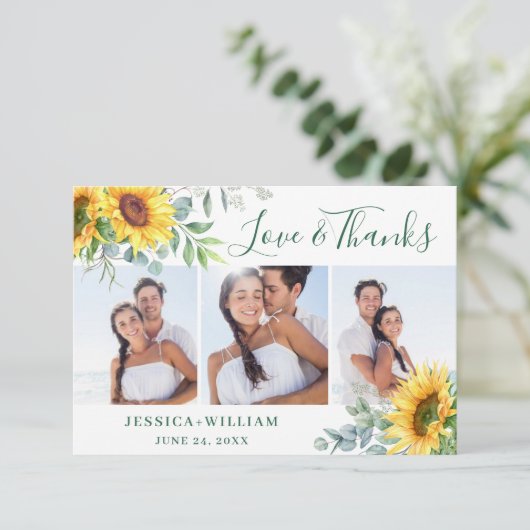 3 FOTO Sonnenblumen Eukalyptus Rustikale Hochzeit Dankeskarte (Stehend Vorderseite)