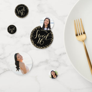 3 Foto Sweet 16 Birthday Black Gold Glitzer Girly Konfetti