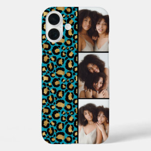 3 Foto Teal und Gold Leopardendruck iPhone 16 Plus Hülle