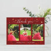 3 Foto Template Elegantes Gold und Red Quinceanera Dankeskarte (Stehend Vorderseite)