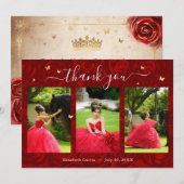 3 Foto Template Elegantes Gold und Red Quinceanera Dankeskarte (Vorne/Hinten)