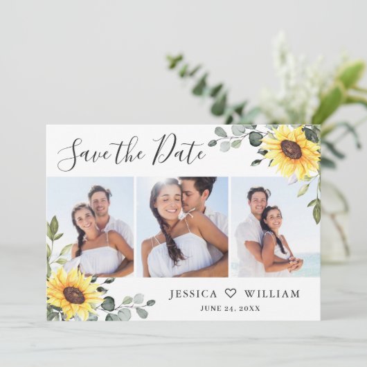 3 Foto Watercolor Sonnenblumen Eukalyptus Wedding Save The Date (Stehend Vorderseite)