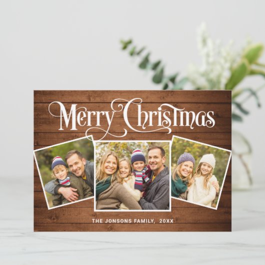 3 FOTO Weihnachten Rustic Brown Wood Gruß Boho (Stehend Vorderseite)