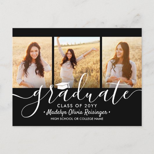 3 FotoCollage Einfache Schwarzweiß-Abschluss Ankündigungspostkarte (Vorderseite)