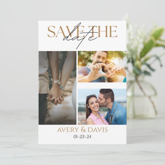 3 Fotocollage Hochzeit speichern Datum Einladung (Stehend Vorderseite)