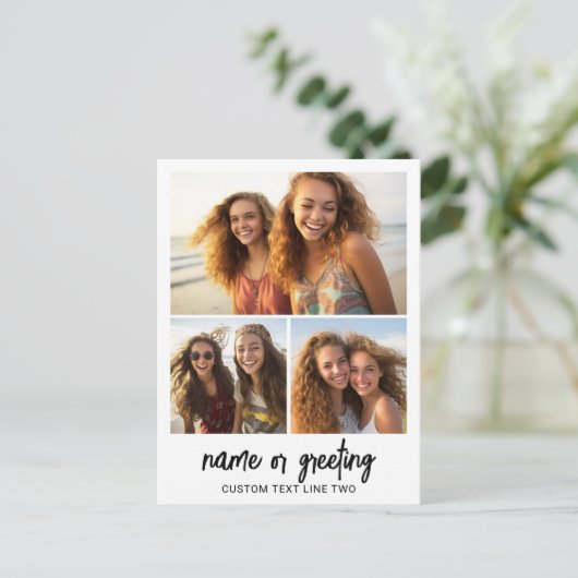 3 FotoCollage mit Skripttext - Schwarz-weiß Postkarte (Stehend Vorderseite)