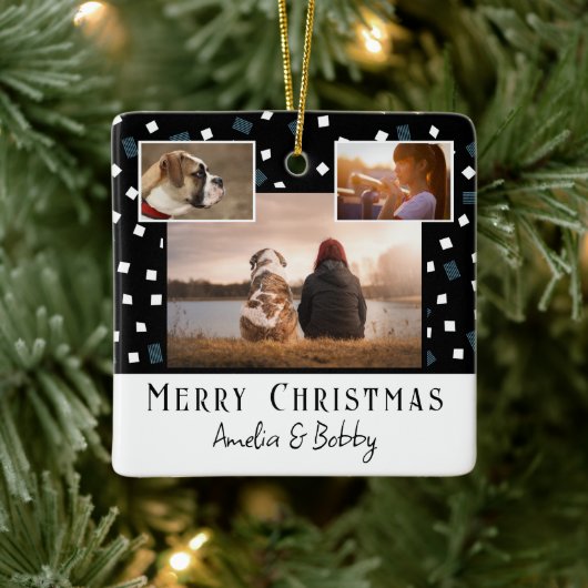 3 FotoCollage Moderne Schwarz-weiße Weihnachten Keramikornament (Baum)