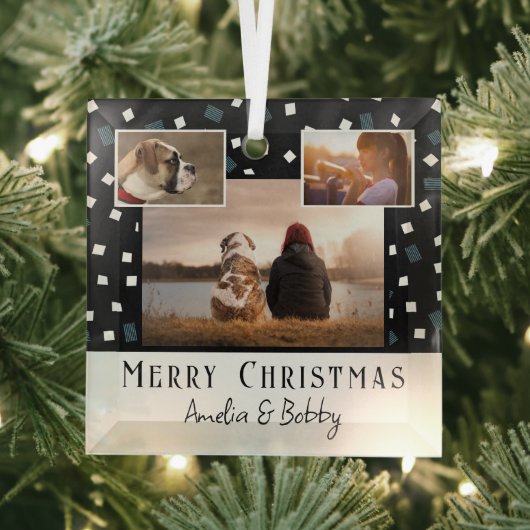3 FotoCollage Moderne Schwarz-weiße Weihnachten Ornament Aus Glas (Insitu)