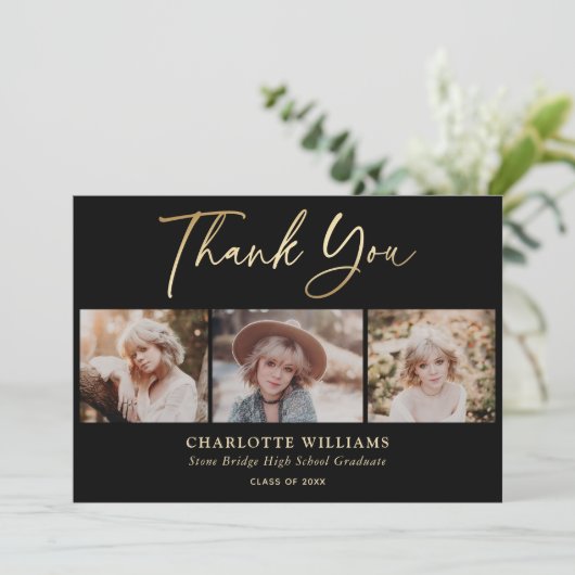 3 FotoCollage Moderner Schwarzer Abschluss Dankeskarte (Stehend Vorderseite)