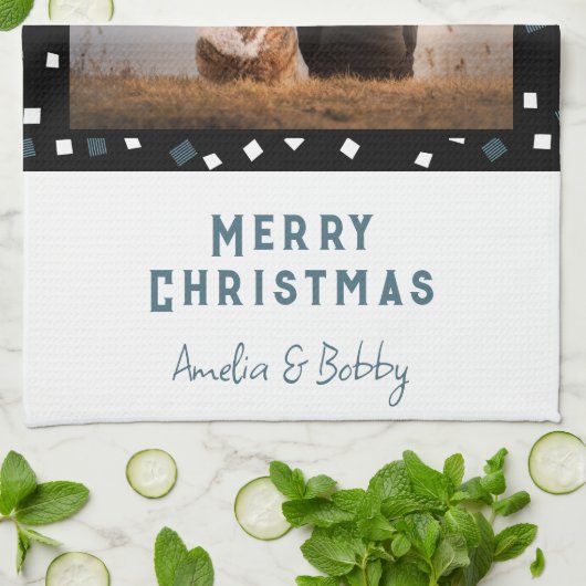 3 FotoCollage Modernes Schwarz-weißes Blaues Weihn Geschirrtuch (Gefaltet)