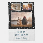 3 FotoCollage Modernes Schwarz-weißes Blaues Weihn Geschirrtuch (Vertikal)