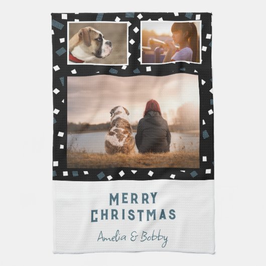 3 FotoCollage Modernes Schwarz-weißes Blaues Weihn Geschirrtuch (Vertikal)