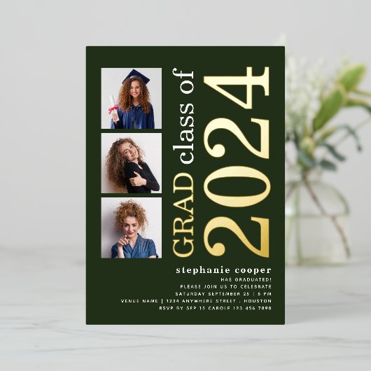 3 Fotos Abschluss 2025 Green Gold Real Folieneinladung (Stehend vorne)