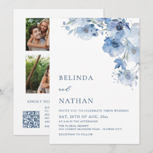3 Fotos Blaue Aquarellblumen Casual-Hochzeit Einladung