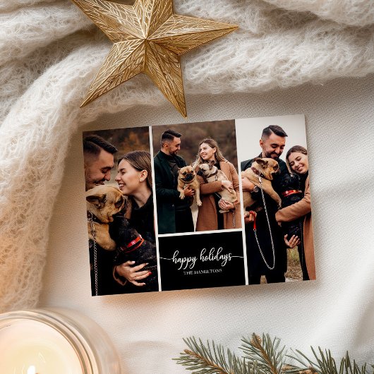 3 Fotos Collage Happy Holidays Christmas Black Postkarte