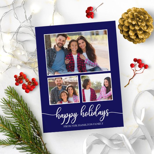 3 Fotos Collage Happy Holidays Modernes Navy Blue Postkarte