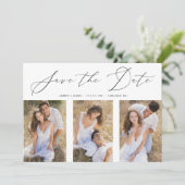 3 Fotos Collage Verlobt Chic Romantische Hochzeit Save The Date (Stehend Vorderseite)