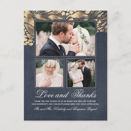 3 Fotos Gold und Navy Hochzeit Vielen Dank Postkarte (Vorderseite)