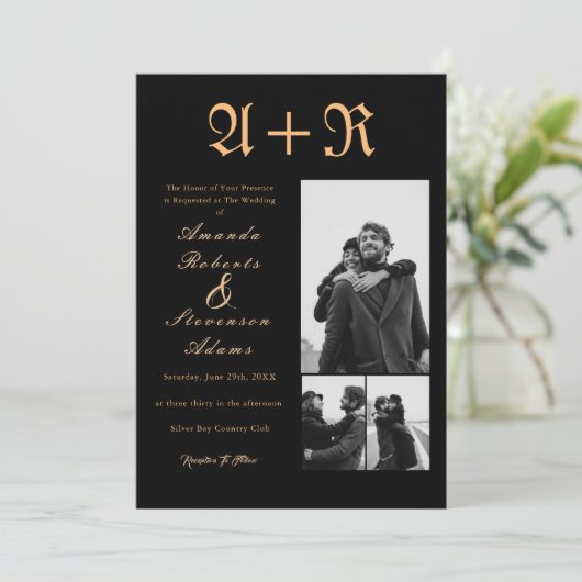 3 Fotos Golden Typografy Monogram Wedding Einladung (Stehend Vorderseite)