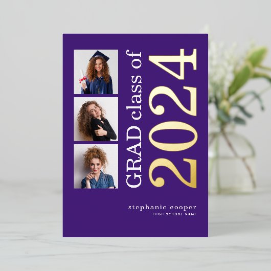 3 Fotos Grad 2025 Ankündigung Lila Goldfolie (Stehend vorne)