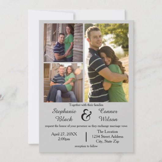 3 Fotos Grau - Einladung zur Hochzeit (Vorderseite)