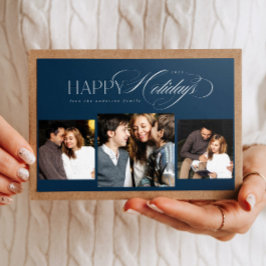 3 Fotos Happy Holidays Script Blue Weihnachtskarte Feiertagskarte