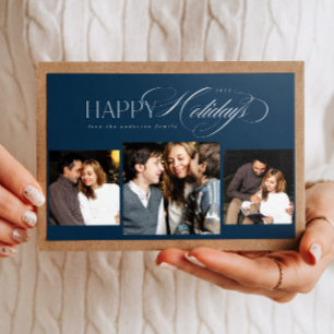 3 Fotos Happy Holidays Script Blue Weihnachtskarte Feiertagskarte