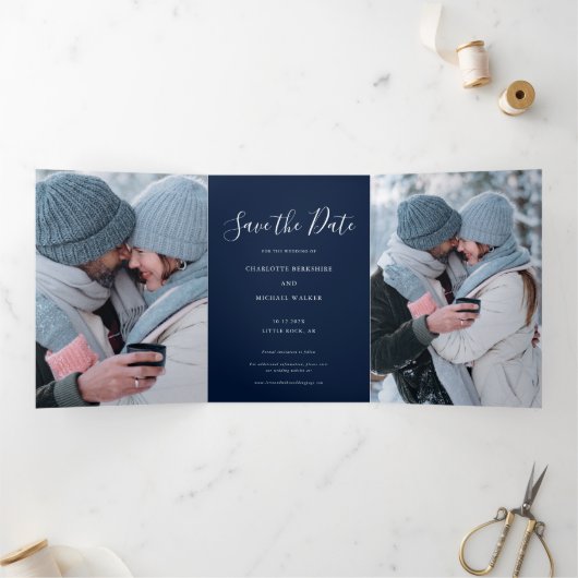 3 Fotos Hochzeit Save-the-Date-Skript Dreifach Gefaltete Ankündigung (Innenseite)