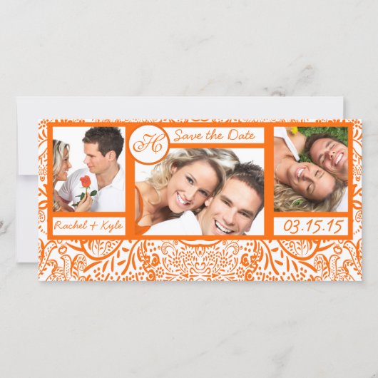 3 Fotos lieben Vögel Orange Damask Save the Date (Vorderseite)