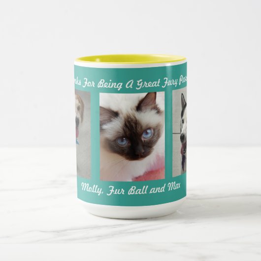 3 Fotos mit Nachrichten und Namen für Haustiere Tasse (Zentrum)