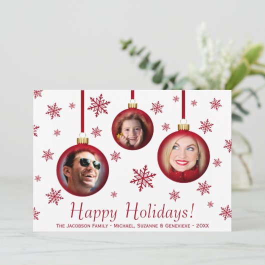 3 Fotos Red Bauble Ornamente & Schneeflocken Karte (Stehend Vorderseite)