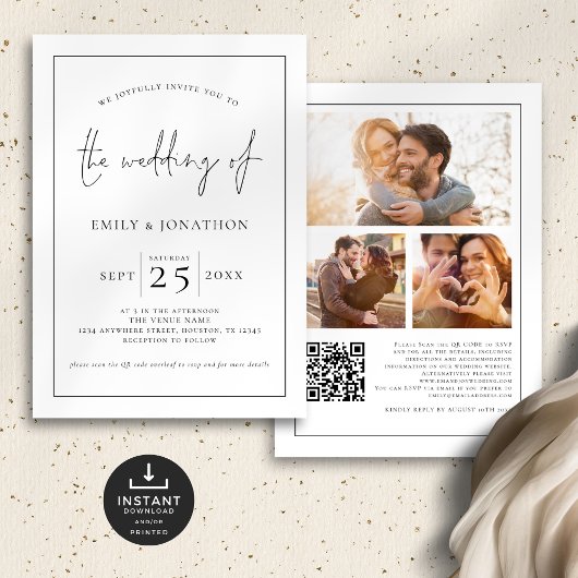 3 Fotos Script Line Border QR Schwarz-weiß Wedding Einladung